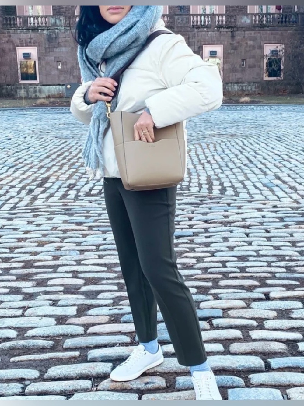 Taupe Leather Shoulder Tote with Dark Brown Strap